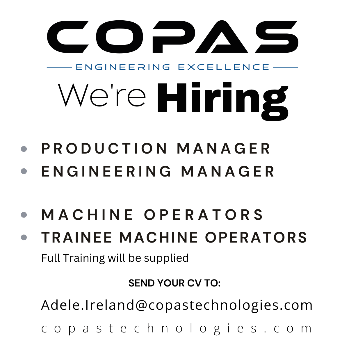 Latest job opportunities - Production Manager, Engineering Manager, Machine Operators, Trainee machine Operators