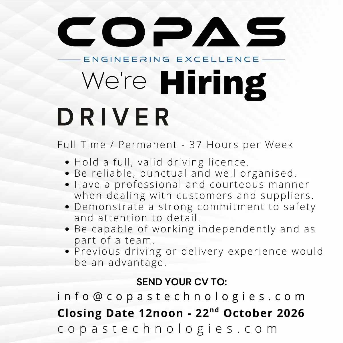 WE’RE HIRING – FULL-TIME DRIVER